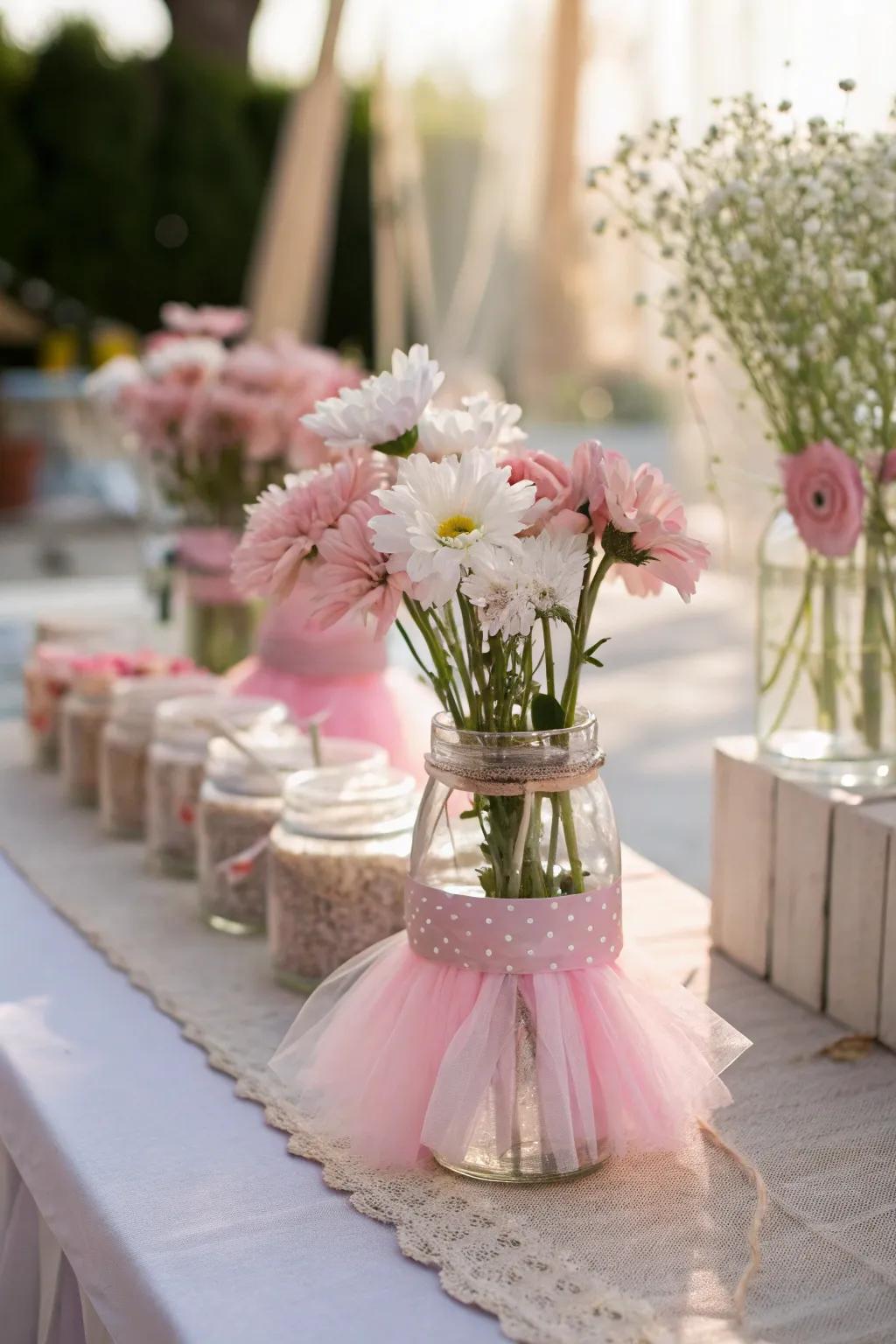 Playful centerpieces showcasing miniature skirts and delicate blossoms.