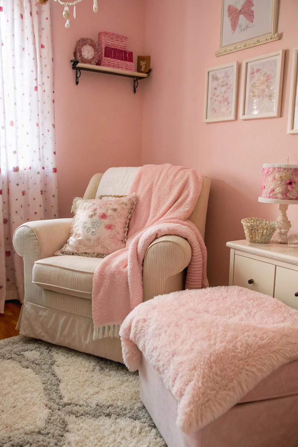 A rose-tinted room showcasing sumptuous furnishings, amplifying ease and style.