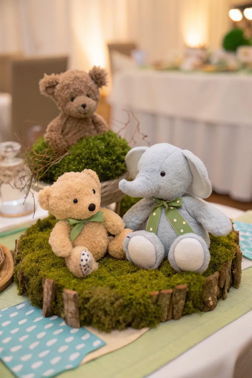 An assembly of plush creatures contributes charm to the table.
