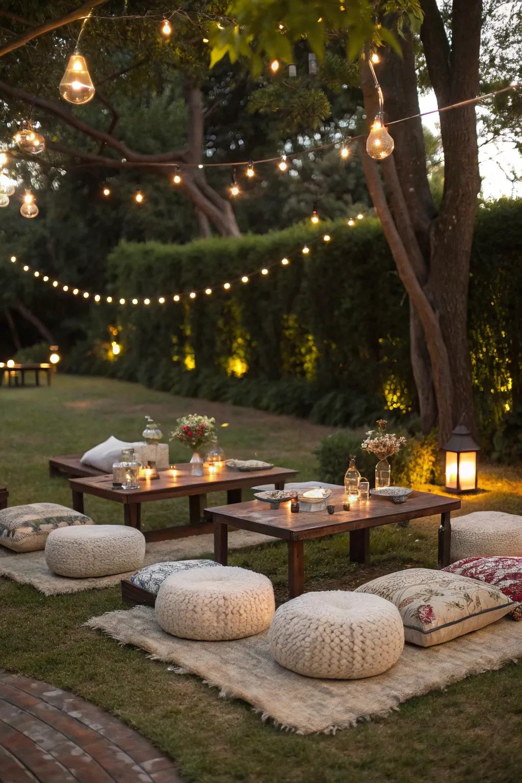 A serene picnic-inspired arrangement featuring small platforms and cushions.