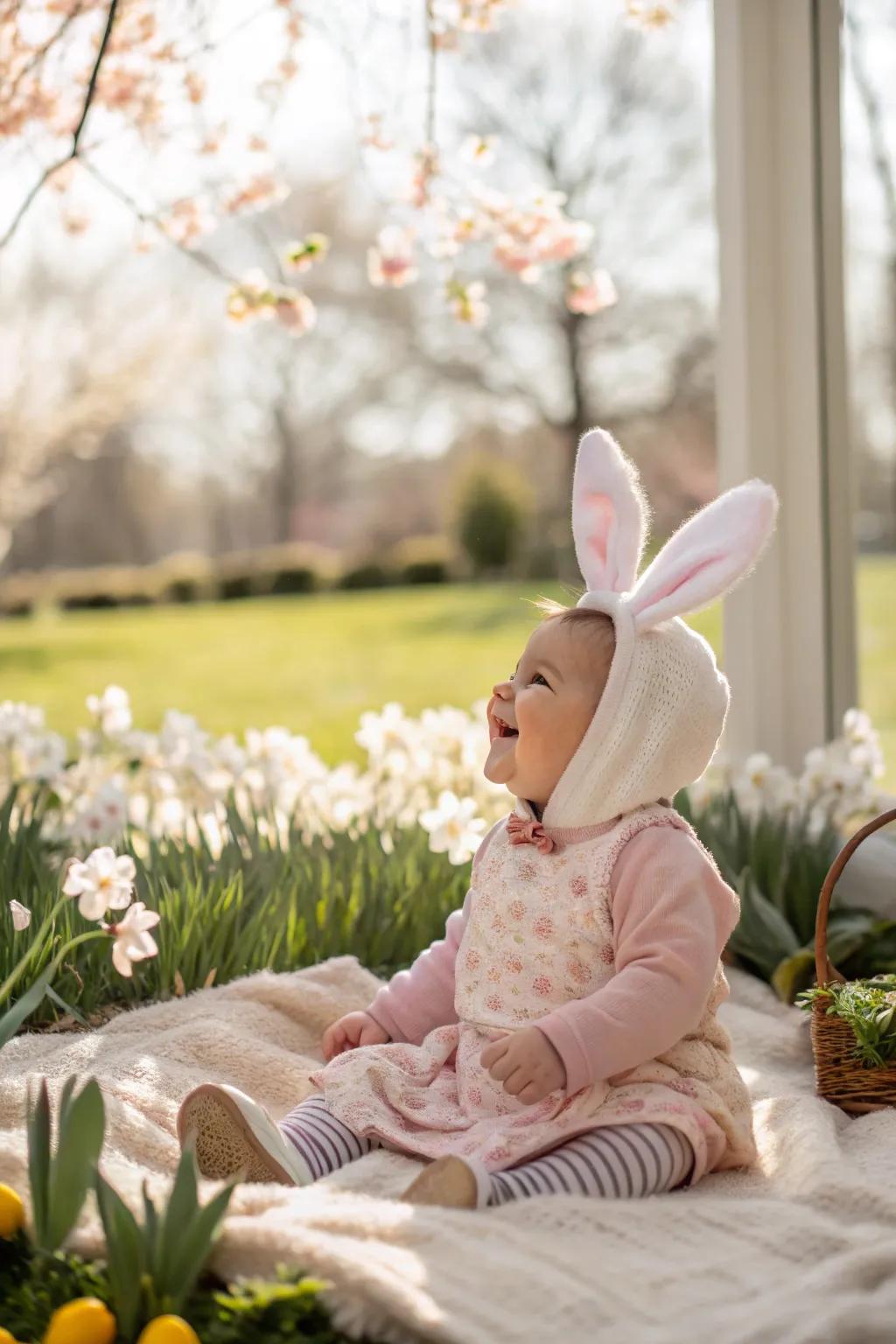 An adorable Easter attire adorned with rabbit ears for a memorable photograph.