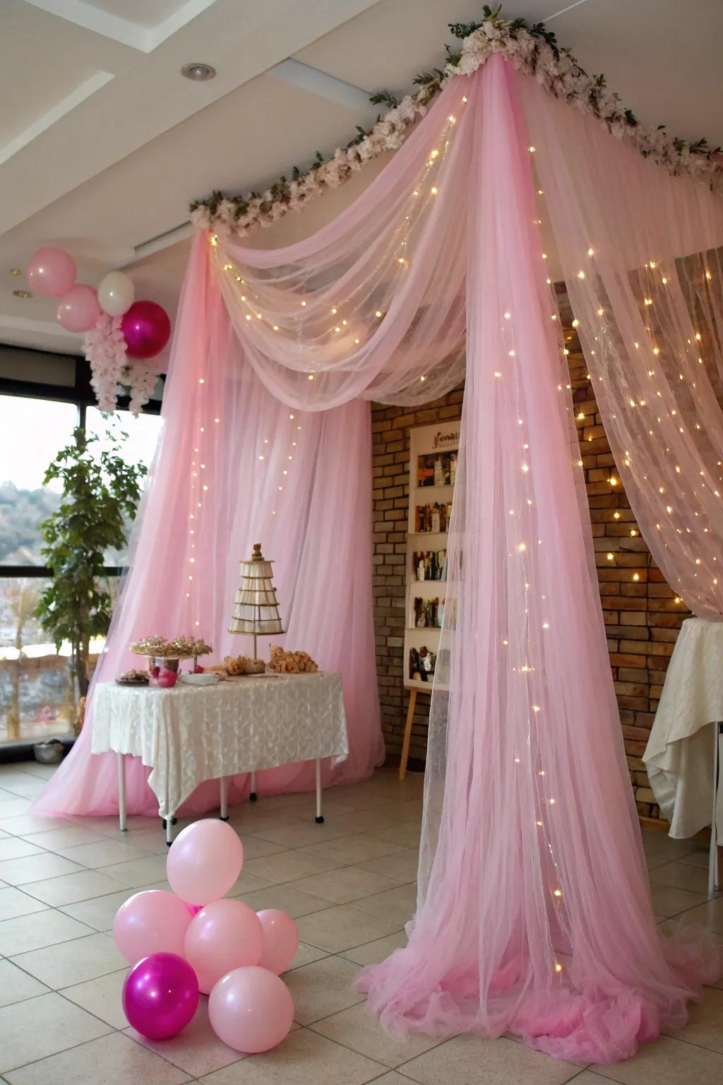 Gauze hangings lend an ethereal grace to any princess-themed celebration.
