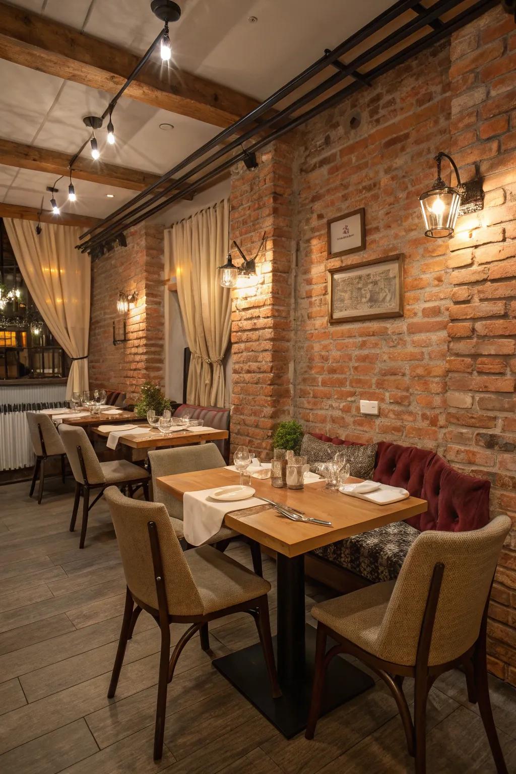 A dining area with faux stone covering creating a cozy atmosphere.