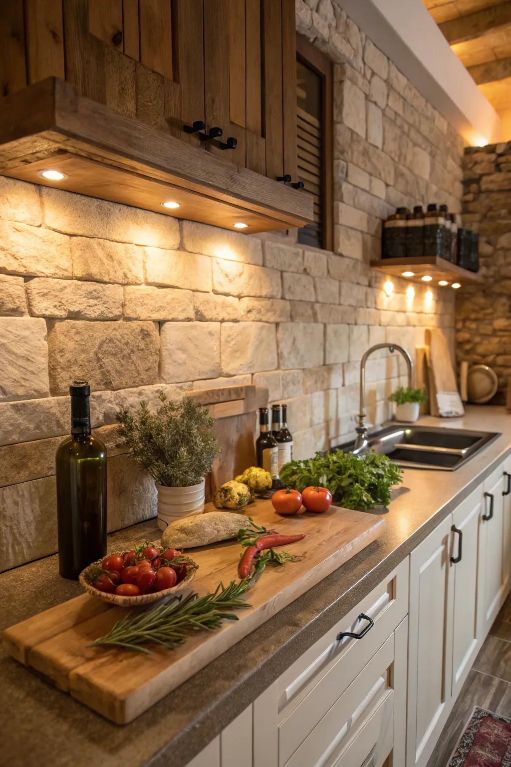 Incorporate nature indoors using a country rock backsplash.
