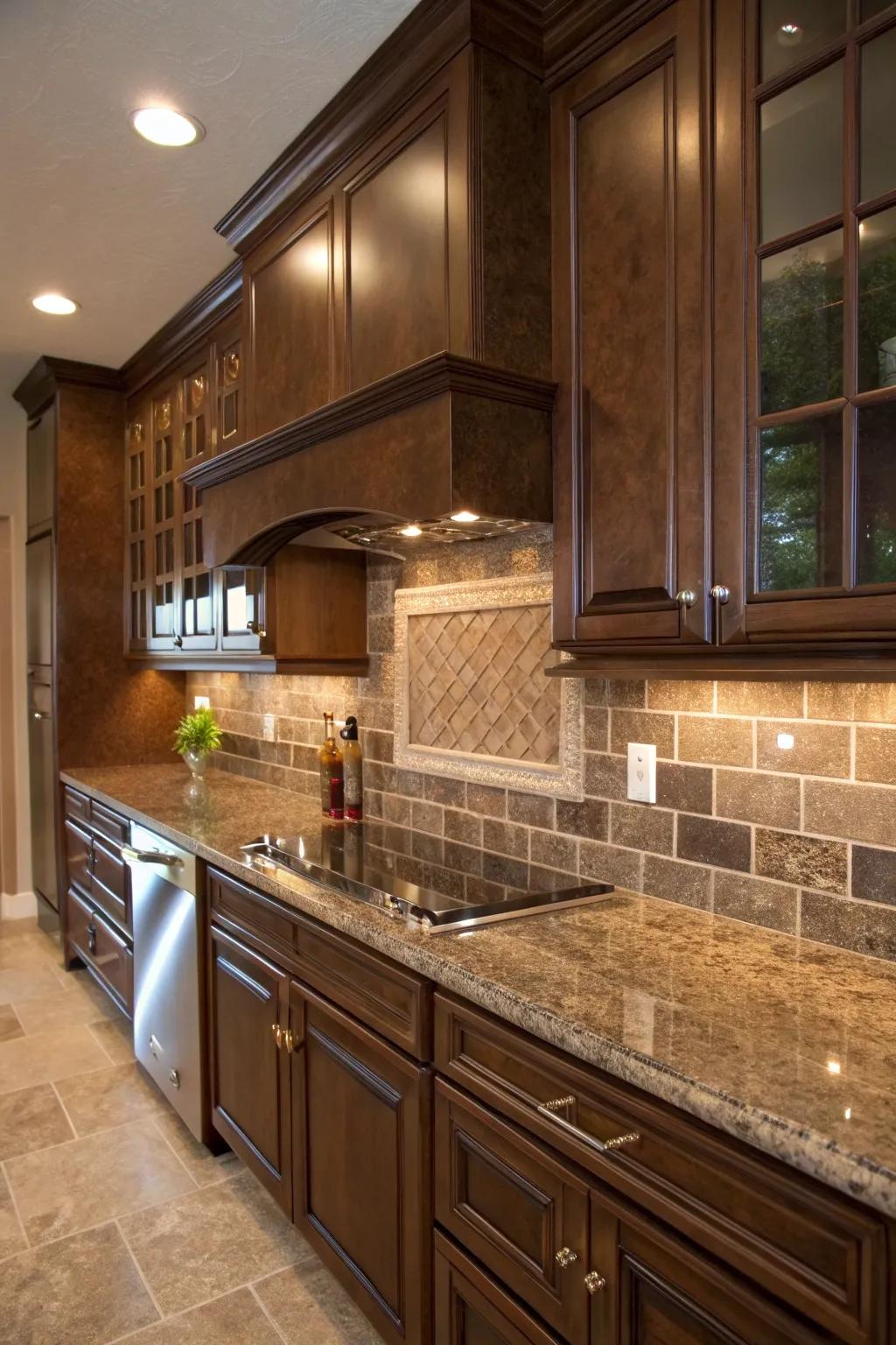 Rich chocolate tiles accentuate the warmth within fantasy brown granite.