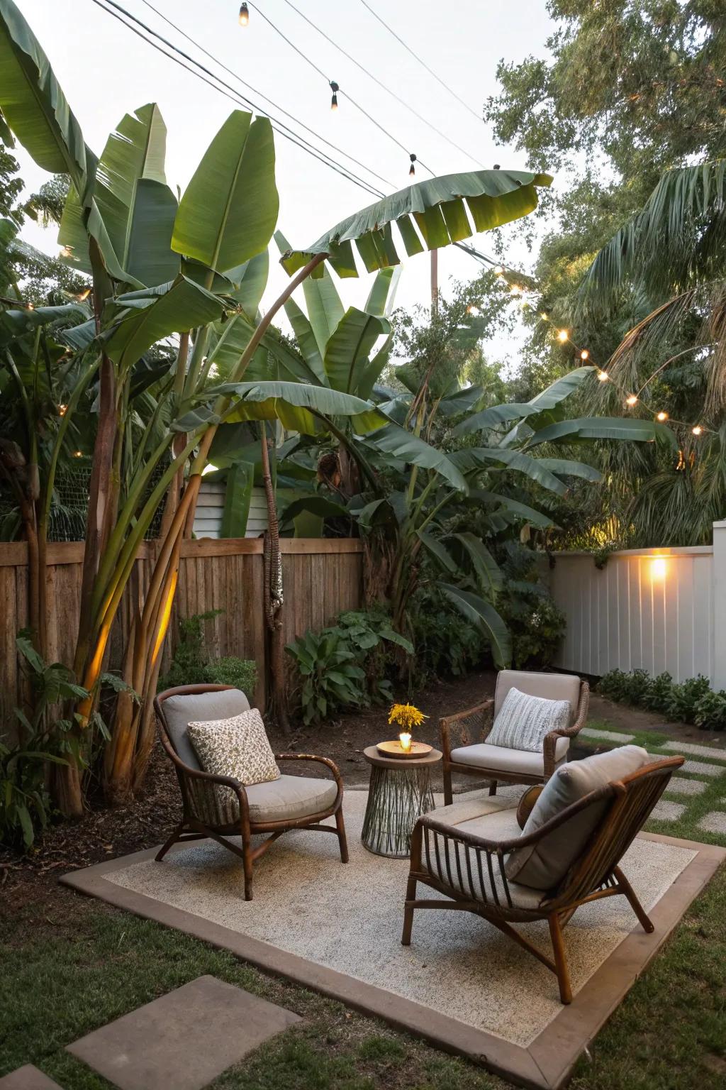 Unwind in a secluded seating area, enveloped by the lush greenery of banana trees.