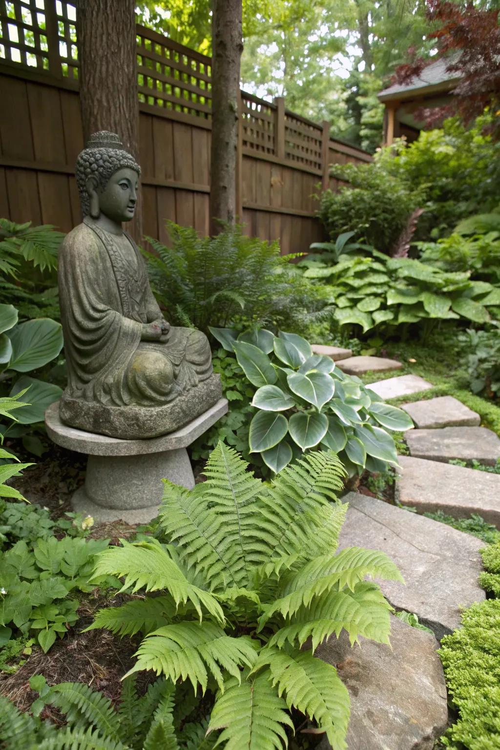 Rich greenery serves as a calming framework for your Buddha statue.