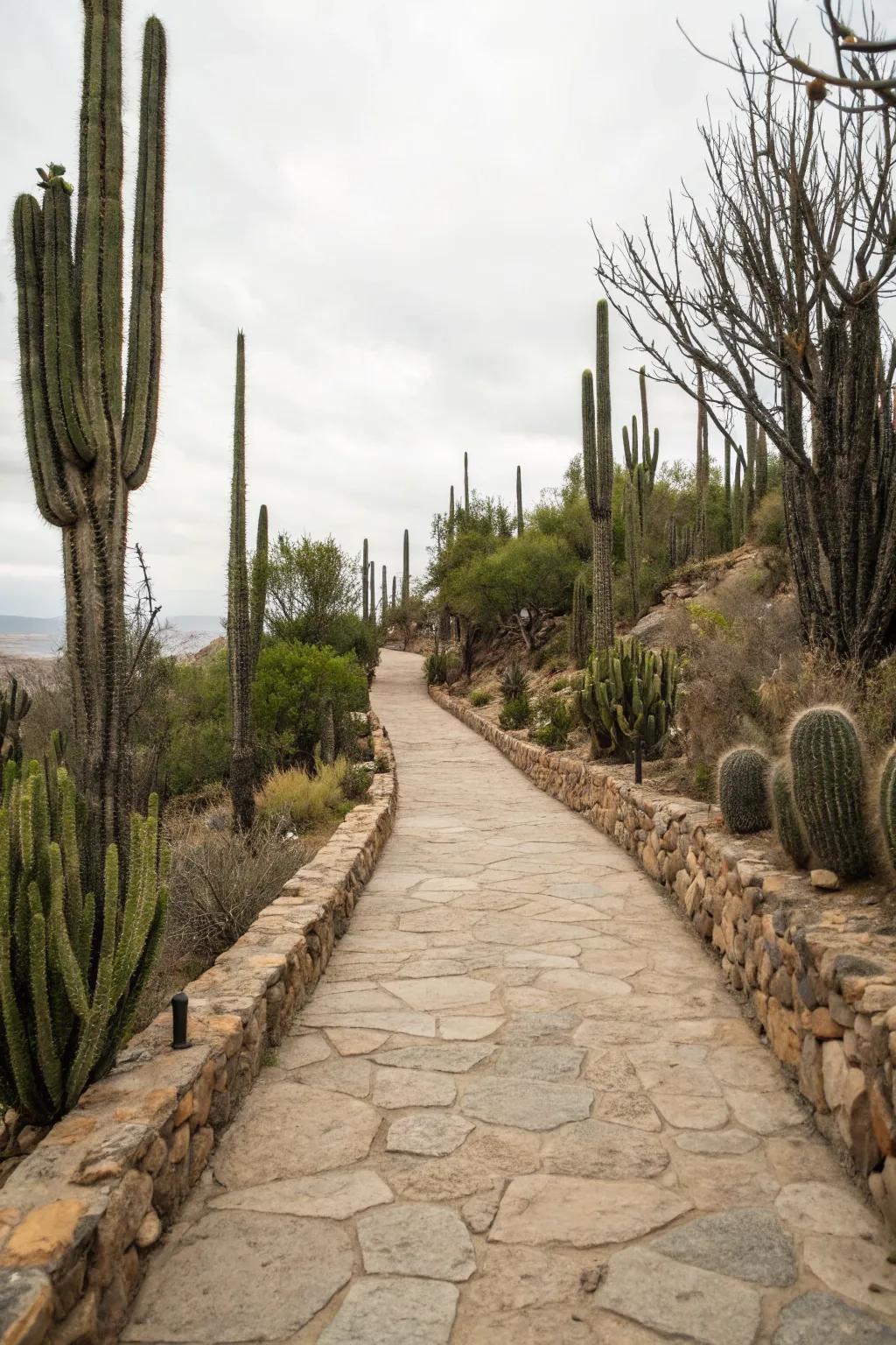 An inviting stone path bordered by cacti of diverse heights.