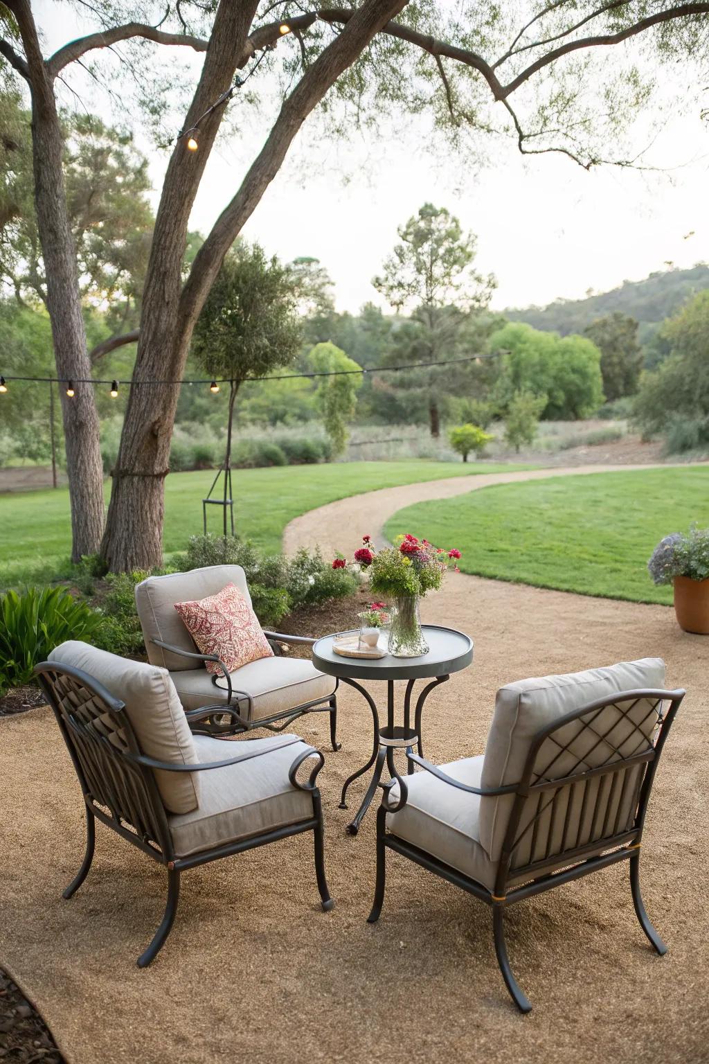 A cozy seating nook made with decomposed granite, perfect for relaxation and morning coffee.