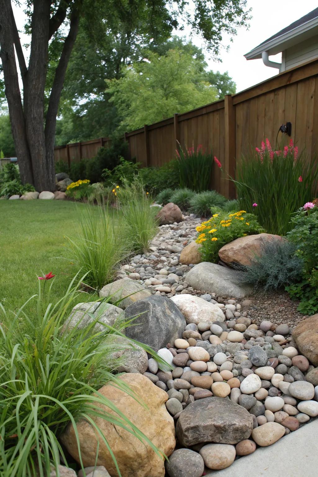 An attractive rock spot serving as a practical drainage method.