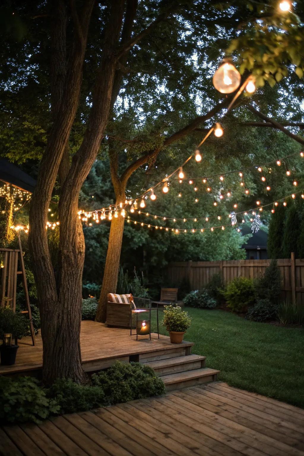 Festoon lights crafting an enchanting atmosphere for an engagement party in the backyard.