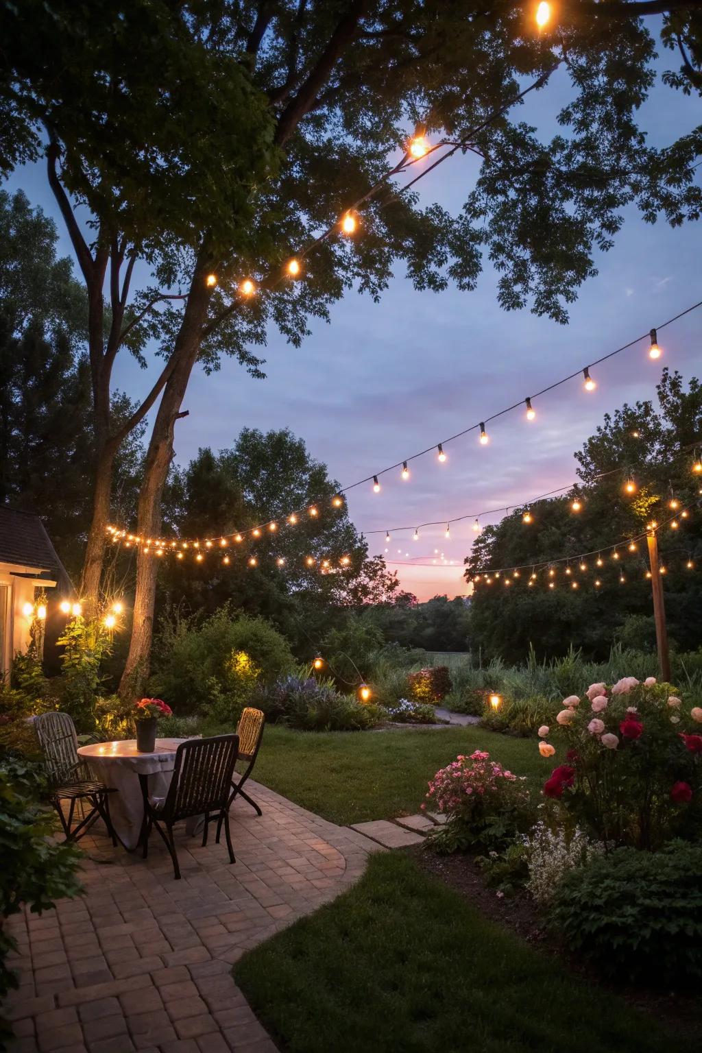 Suspended illumination crafts an enchanting canopy within a backyard garden setting.