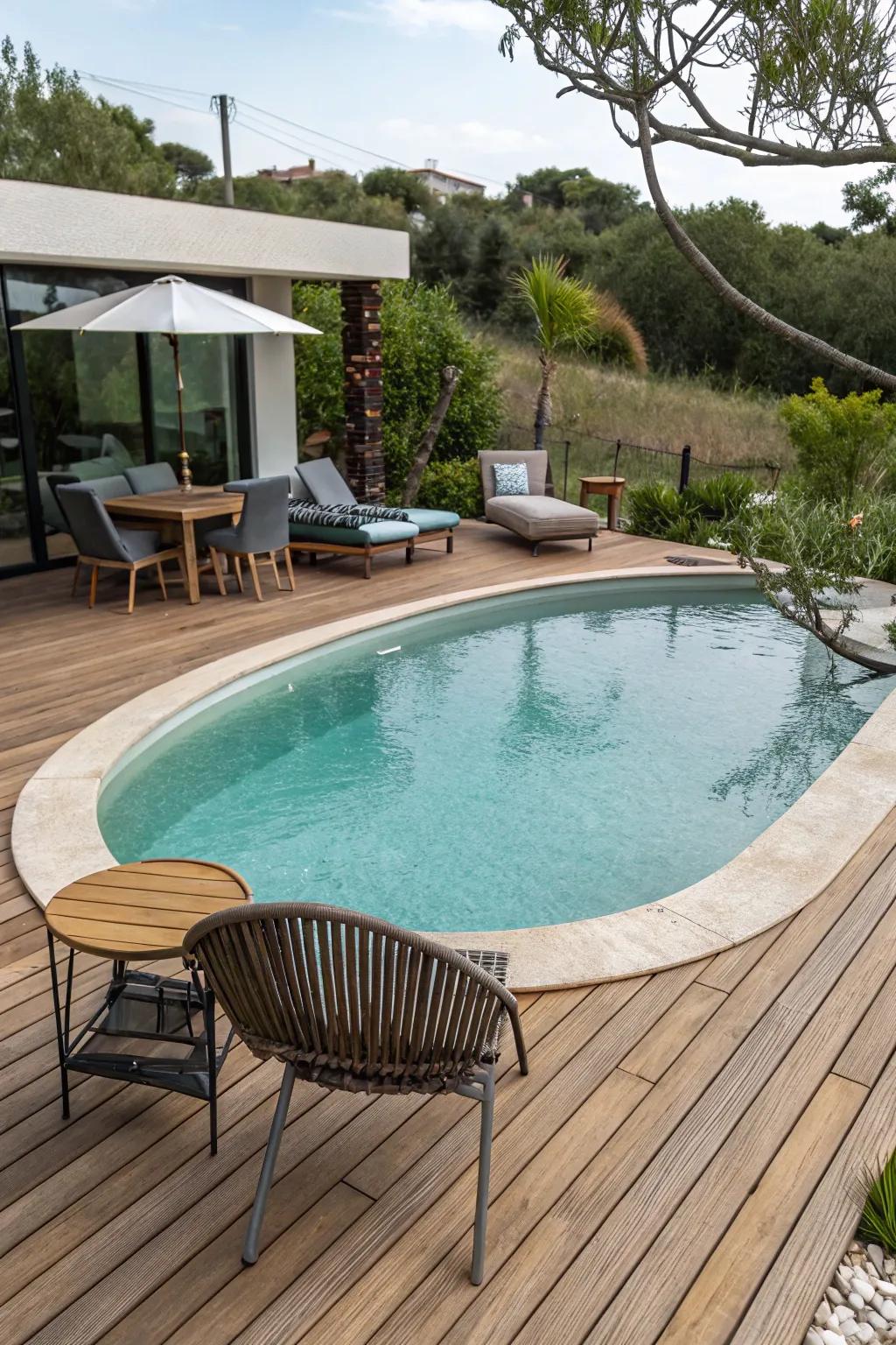 A warm timber decking elevates the pool's welcoming ambiance.
