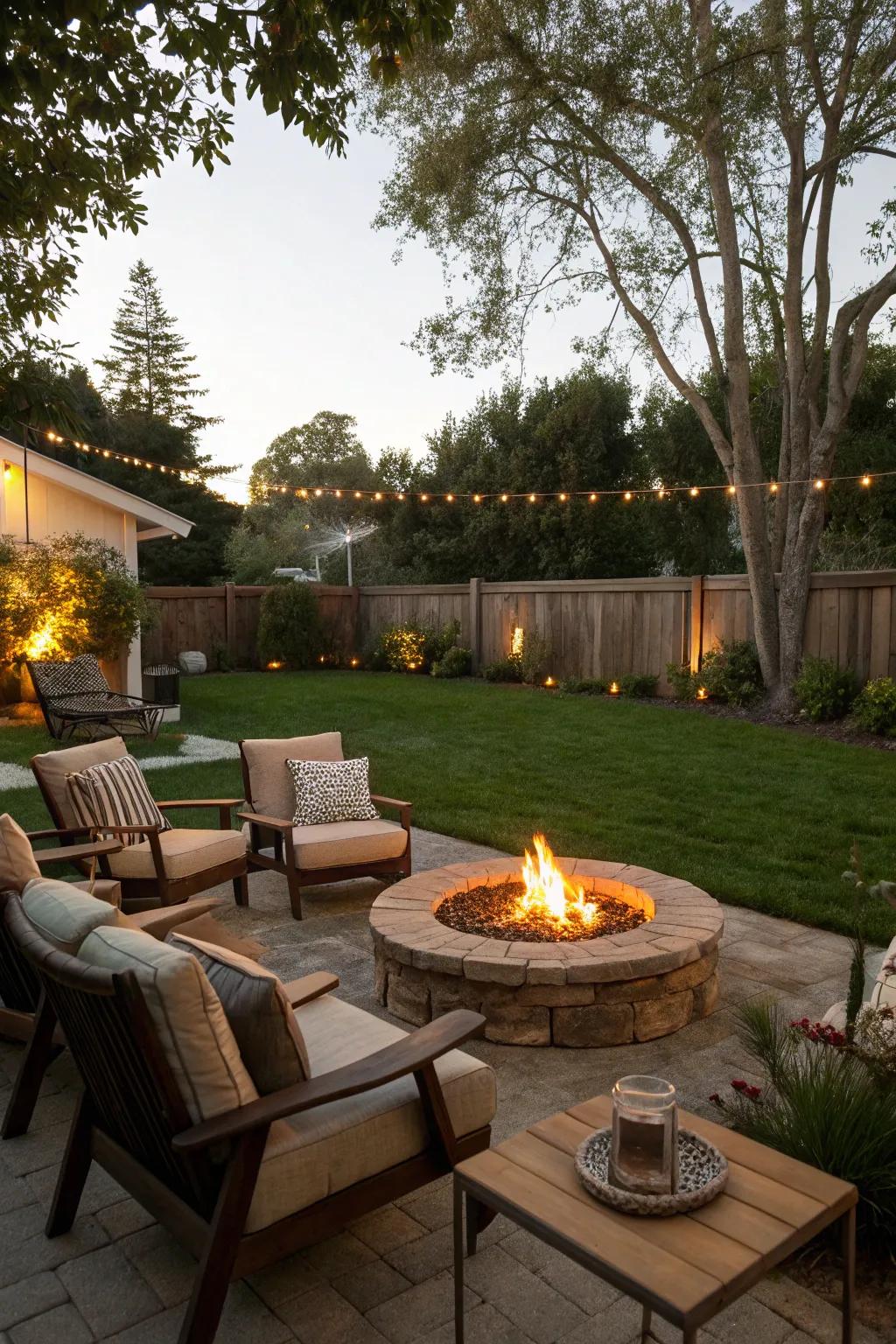 A central fire feature establishes a cozy gathering area.