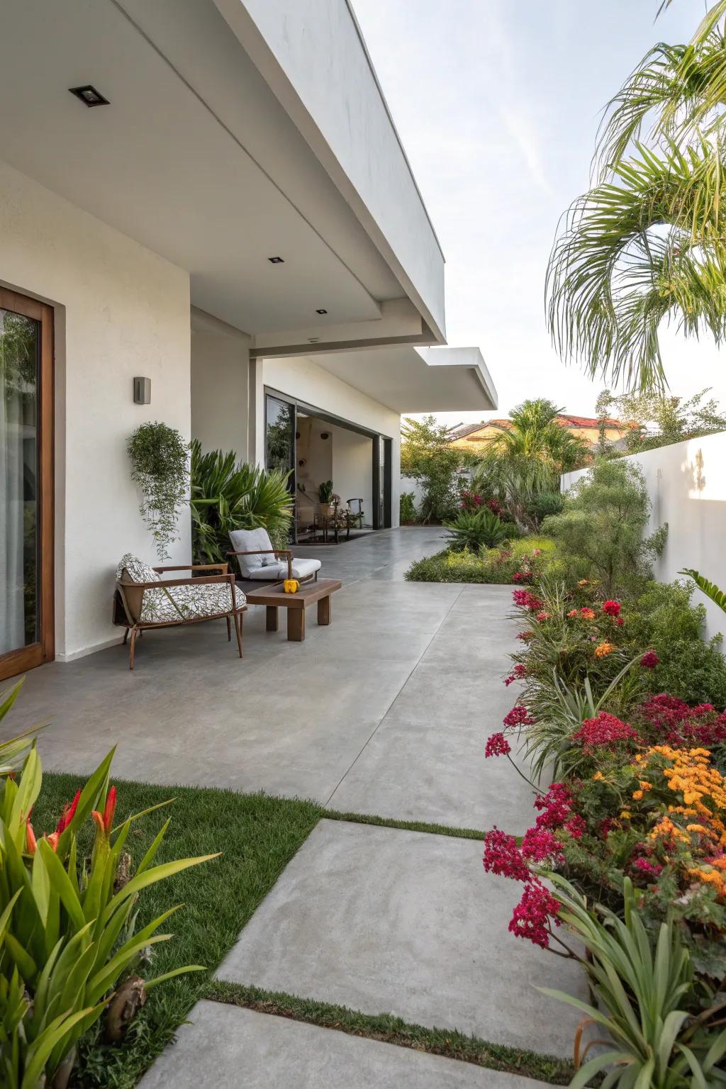 Smooth concrete slabs fashion a modern and minimalist patio.