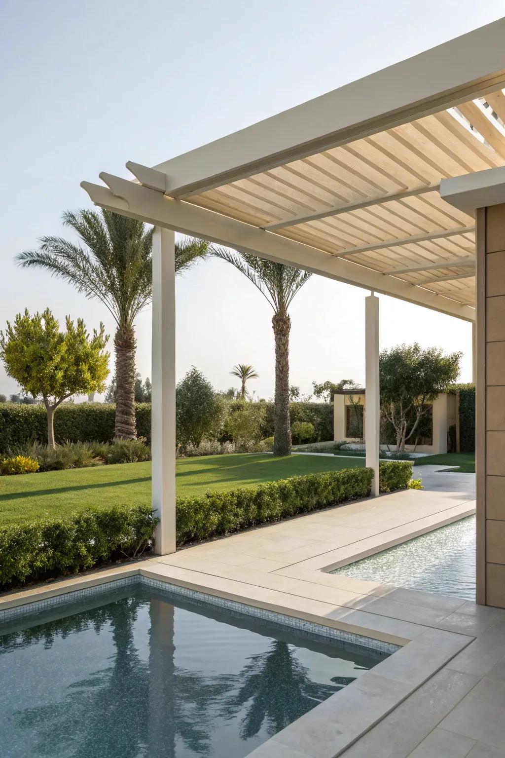 A modern pergola enriches the pool setting with a hint of elegance.