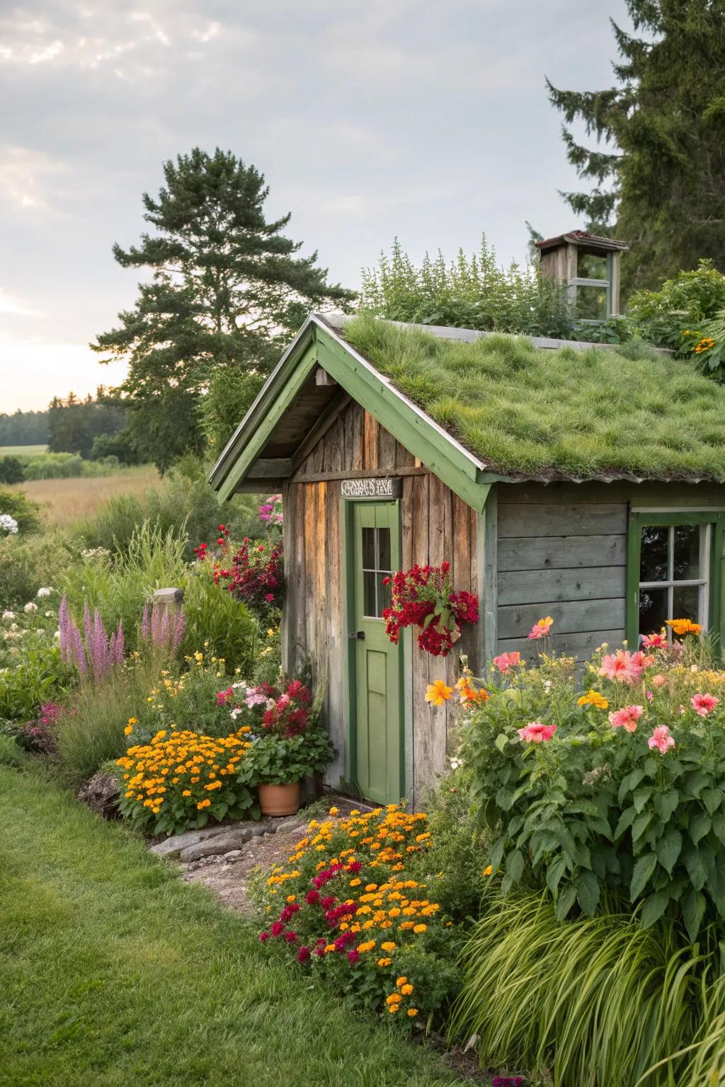 A shed with a living roof creating a natural, eco-friendly aesthetic.