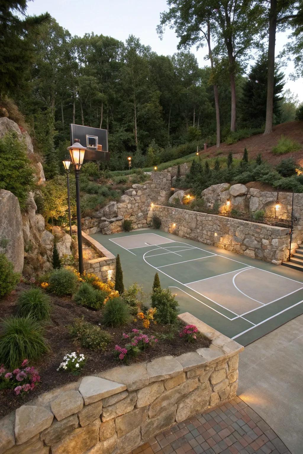 A sports court that naturally blends in with its surroundings.