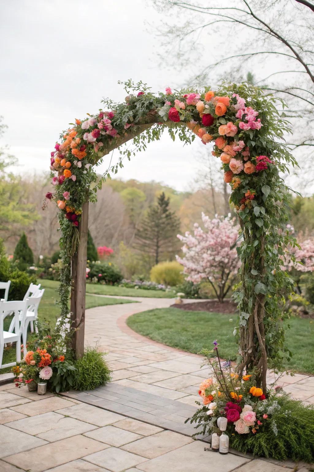 An exquisite botanical archway acts as a captivating focal point for the ceremony.