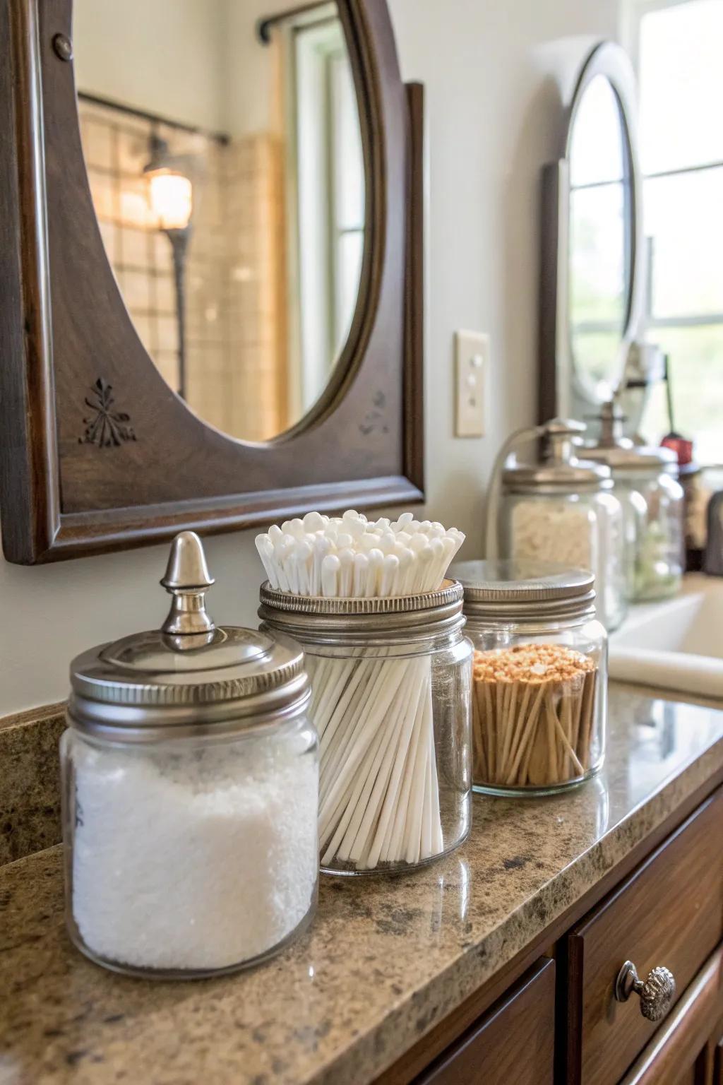 A refined bathroom storage solution incorporating preserving containers.