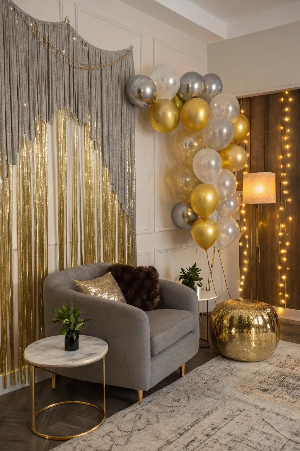 A captivating shimmer and balloon backdrop suitable for festive occasions.