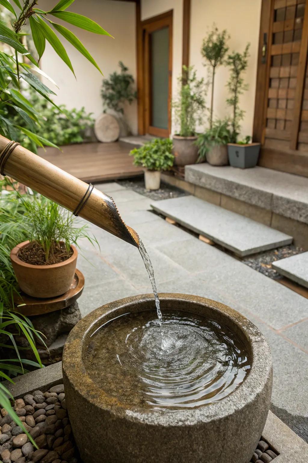 A simple bamboo outlet fountain on a charming porch.