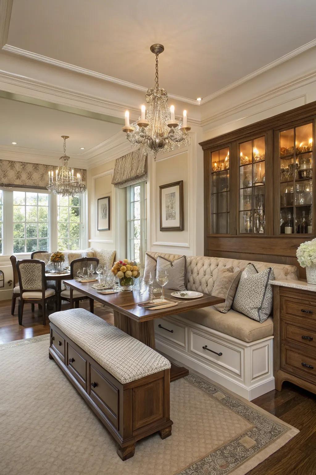 Banquette seating with clever integrated storage, mixing style and practicality.