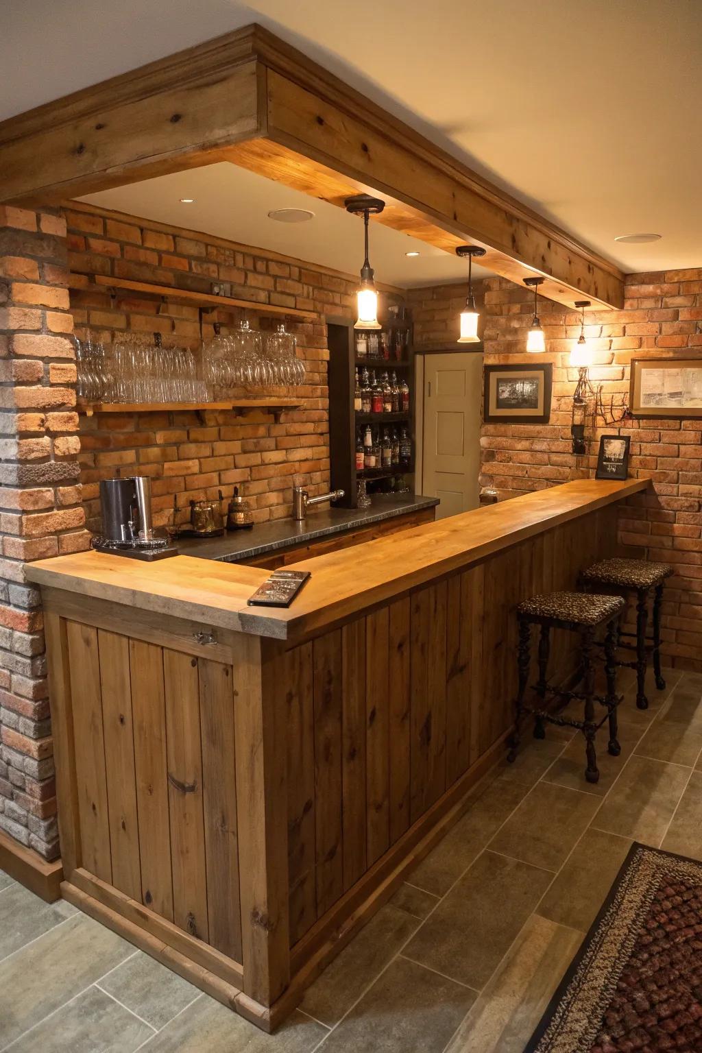 A rustic home bar showcasing a charming brick backsplash and timber countertops.