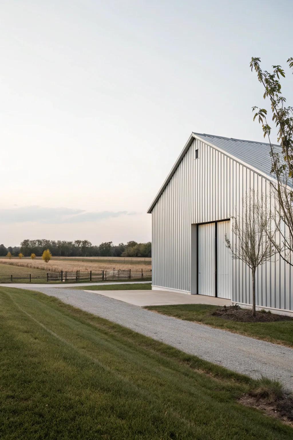 A barn showcasing modern metal boards, radiating contemporary charm.