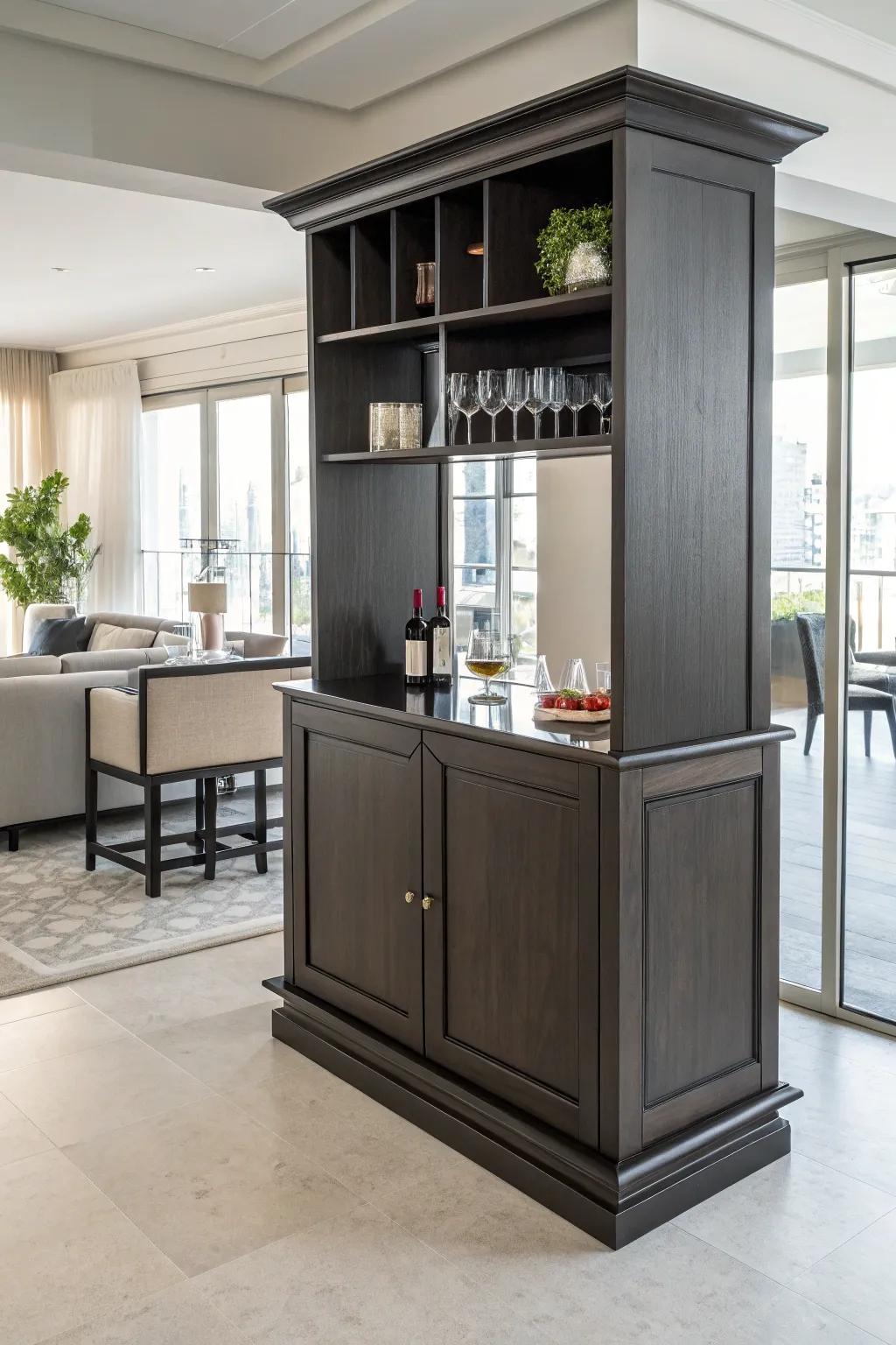 A freestanding bar unit fulfills dual roles as a functional piece and a decorative accent.
