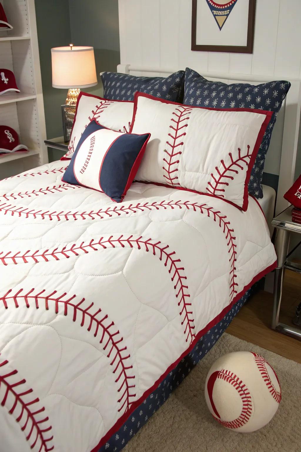Bedding inspired by baseball introduces a warm and spirited element to the space.