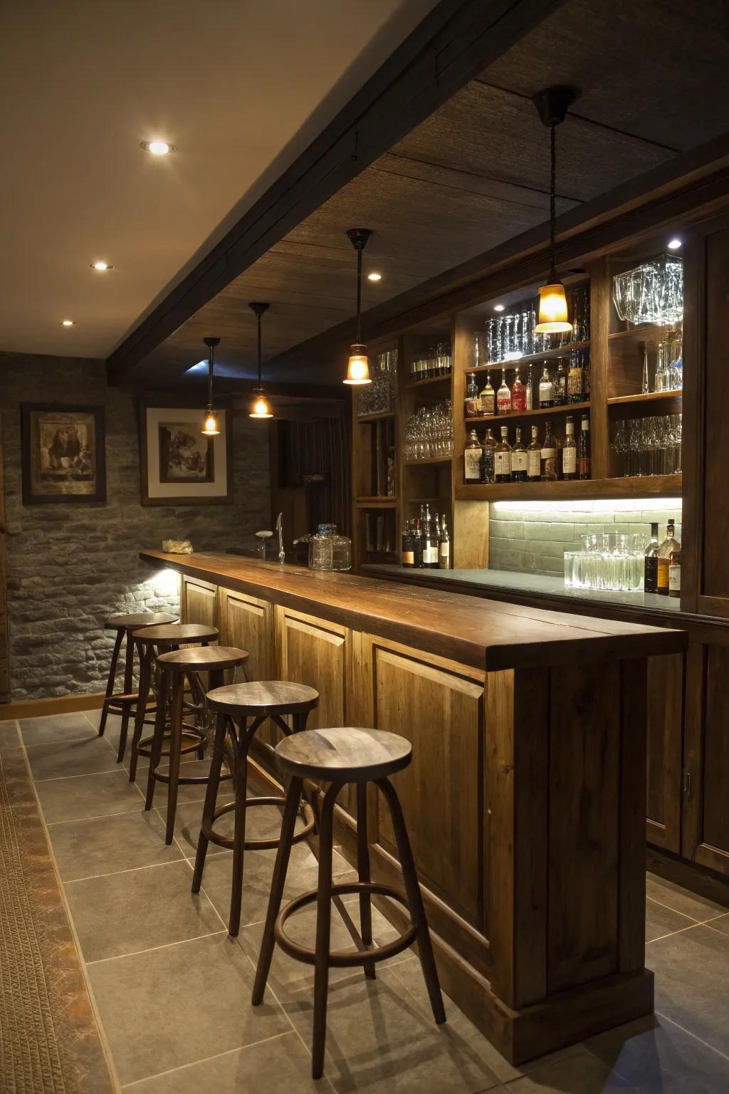 Design a cozy ambiance using ambient lighting in your basement bar.