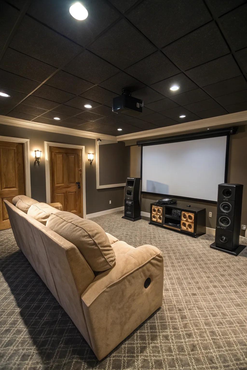 A basement converted into a cinematic home theater.