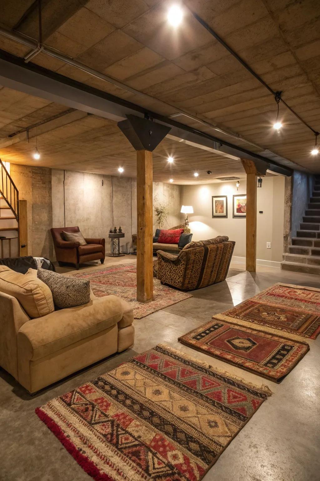 Layered floor coverings provide warmth and character to a cement floored basement.