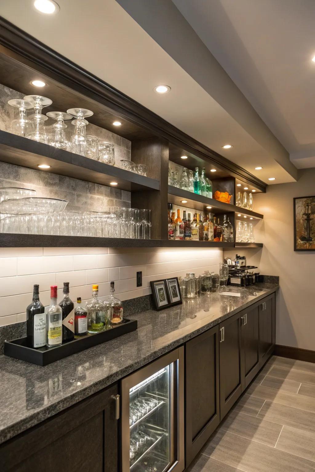 Wall-mounted shelves introduce modern refinement to any bar.