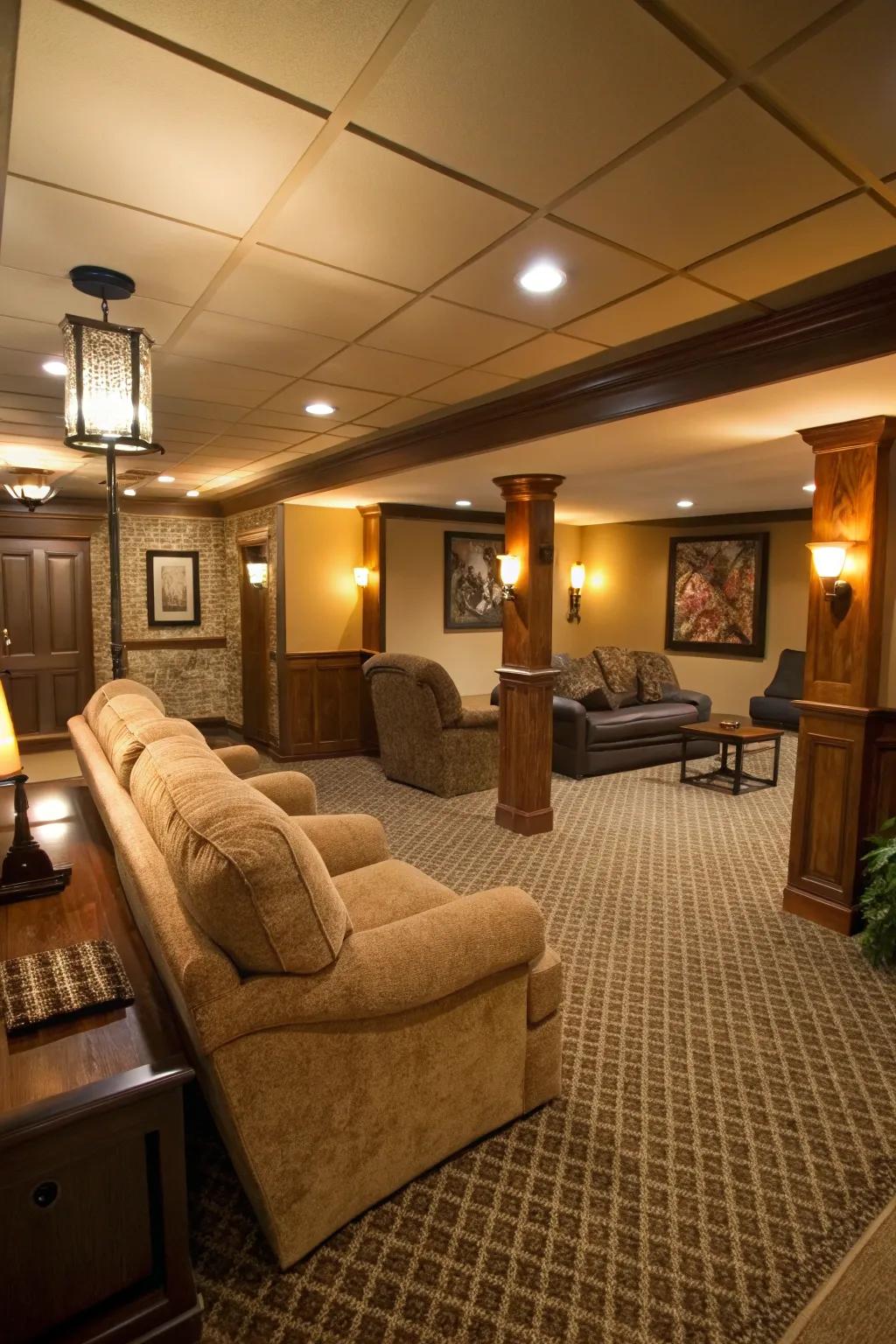 Woven squares add warmth and comfort to your basement retreat.