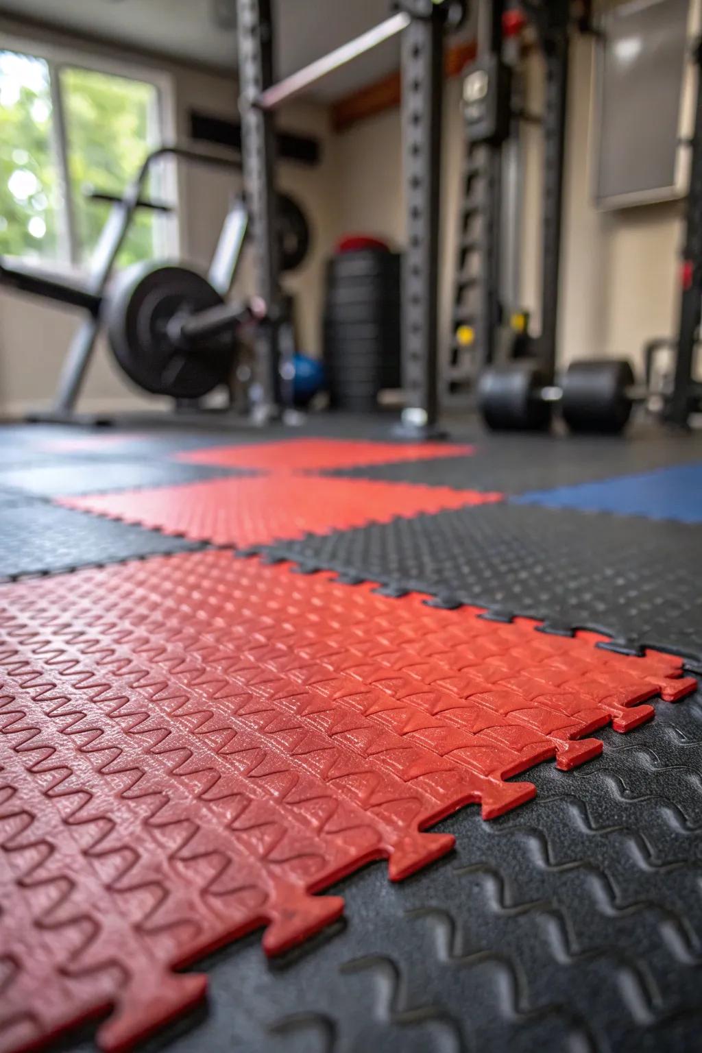 Hard-wearing rubber flooring forms a foundation for a secure home gym setup.