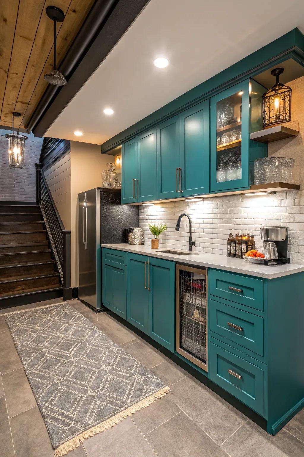 Bold cupboards can infuse energy and style into your basement kitchenette.