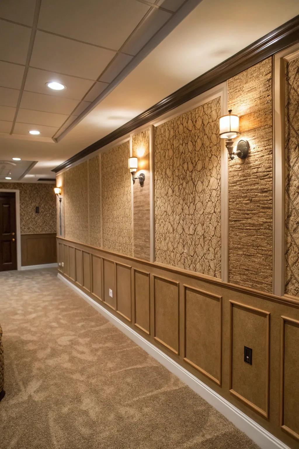 Textured panels add dimension and interest to basement walls.