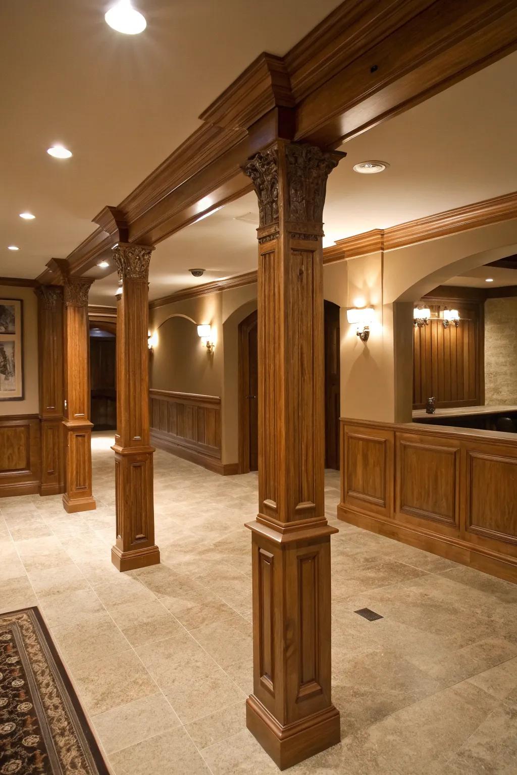 Classic wood accents elevate the look of basement poles.