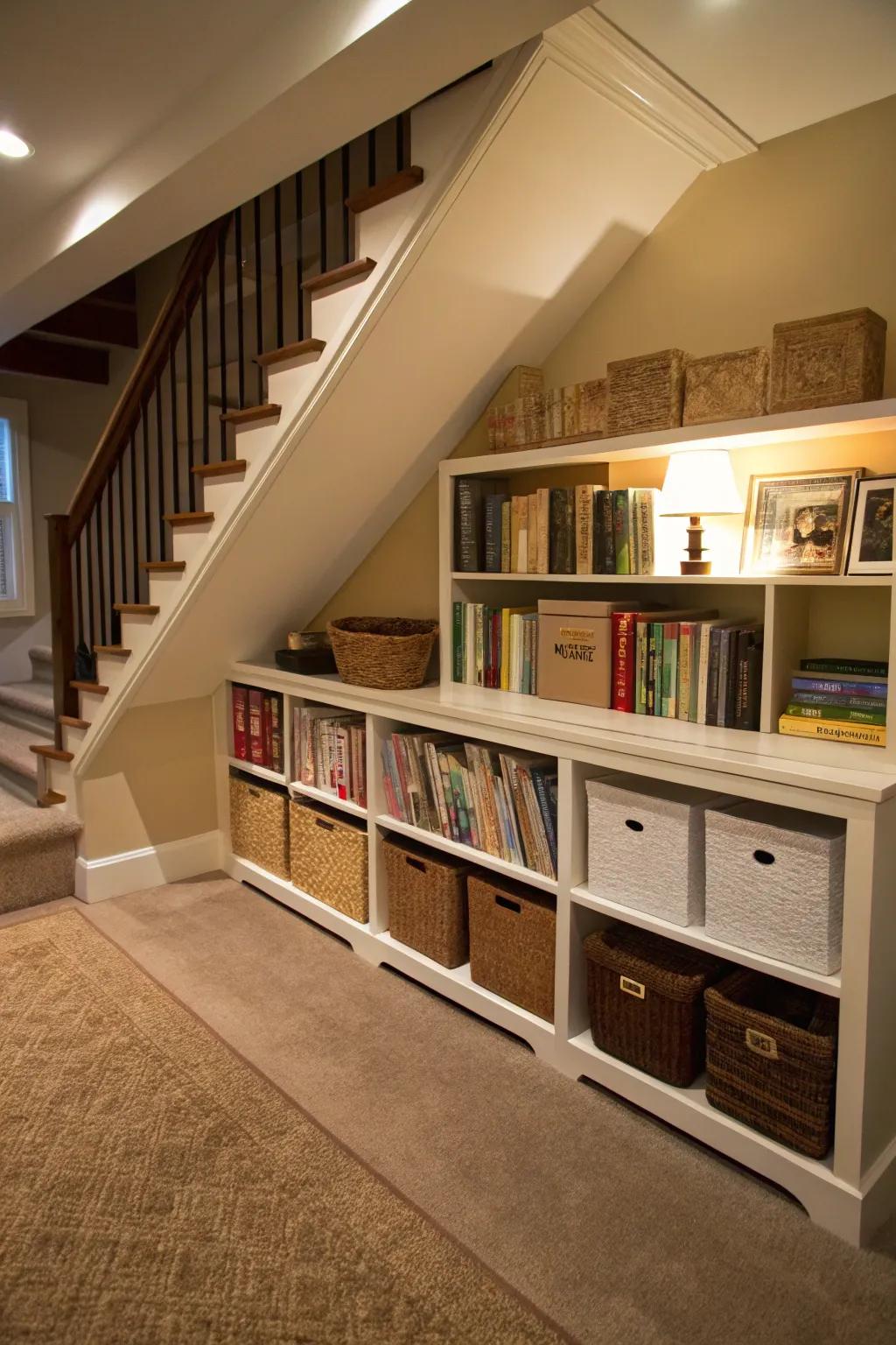 Optimize under-stair areas with tailor-made shelving options.