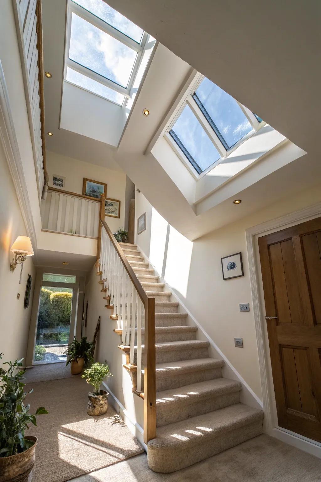 Skylights brighten the stairwell, resulting in an expansive sensation.