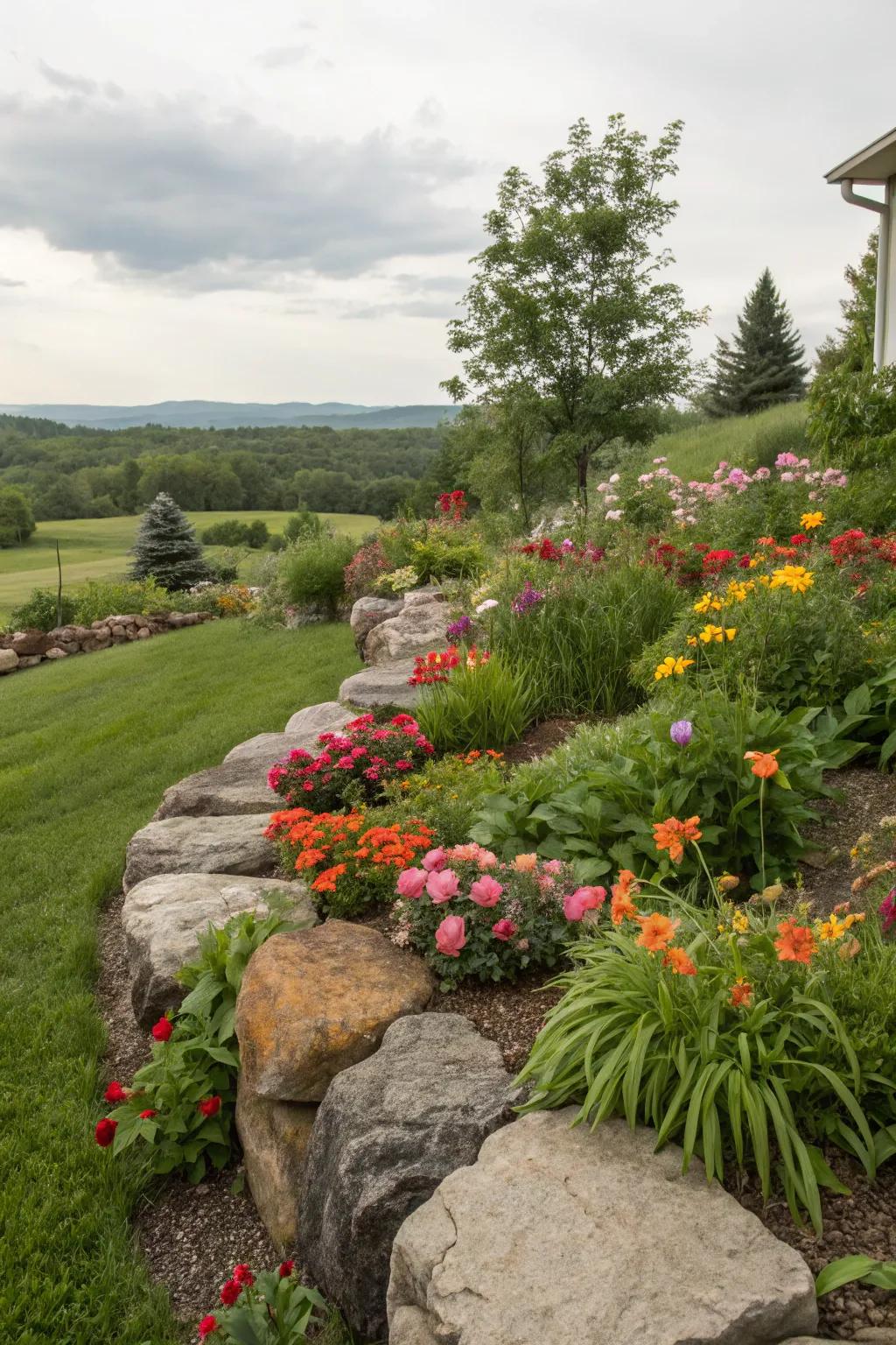 Stone borders enhance the structure and appeal of garden perimeters.