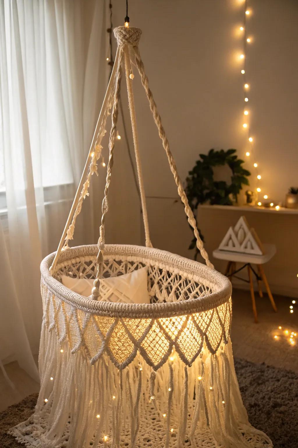 Embrace bohemian vibes with a stylish hanging woven baby bed.