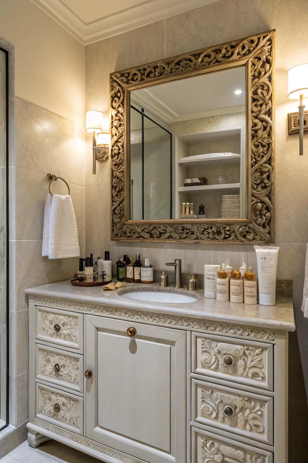 A fashionable mirror becomes the focal point of your bathroom decor.