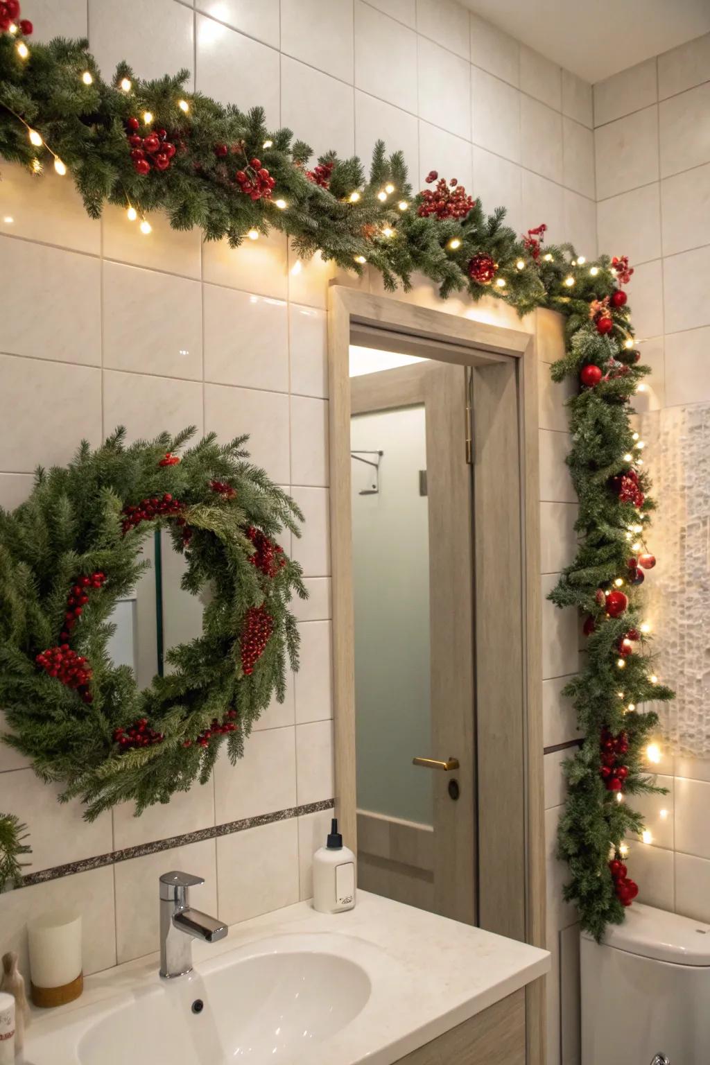 A wreath and garland convert this bathroom into an inviting holiday escape.