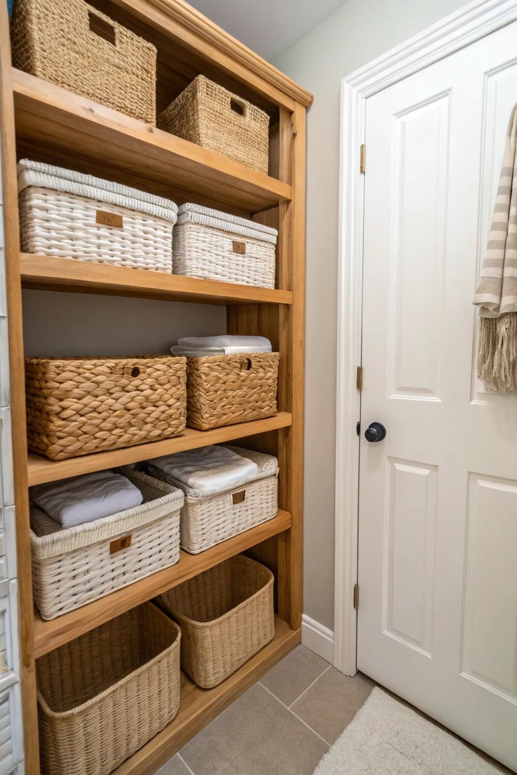 Shelves adorned with matching baskets for a neat and unified presentation.
