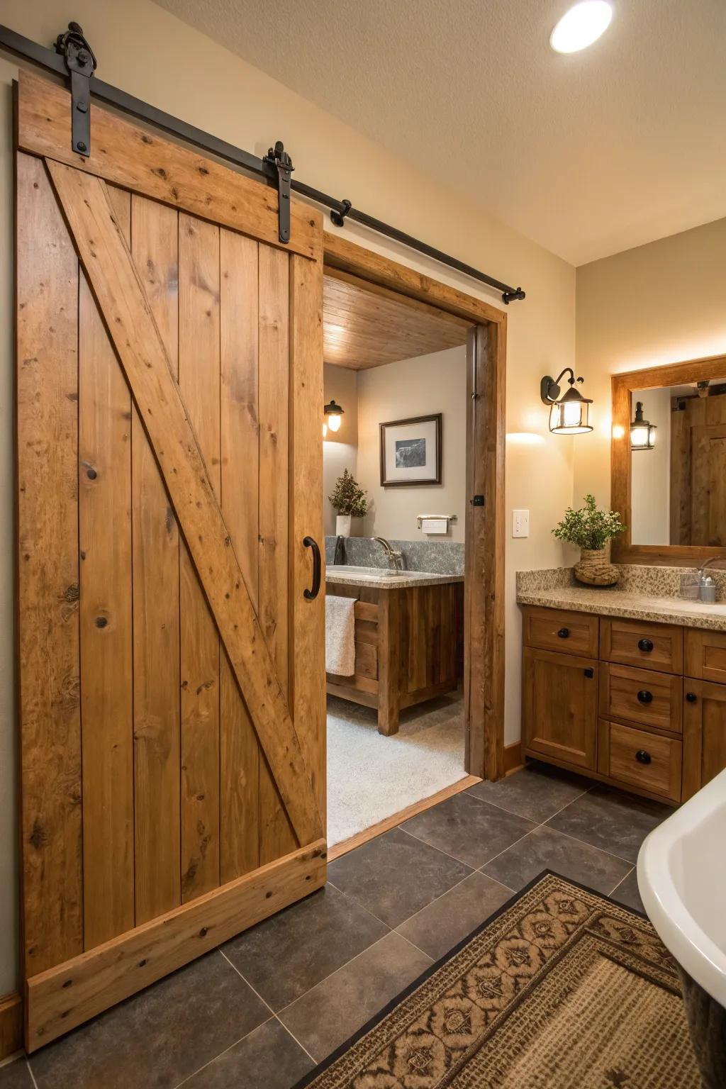 Charming rustic farmhouse entries deliver timeless charm to any bathroom.