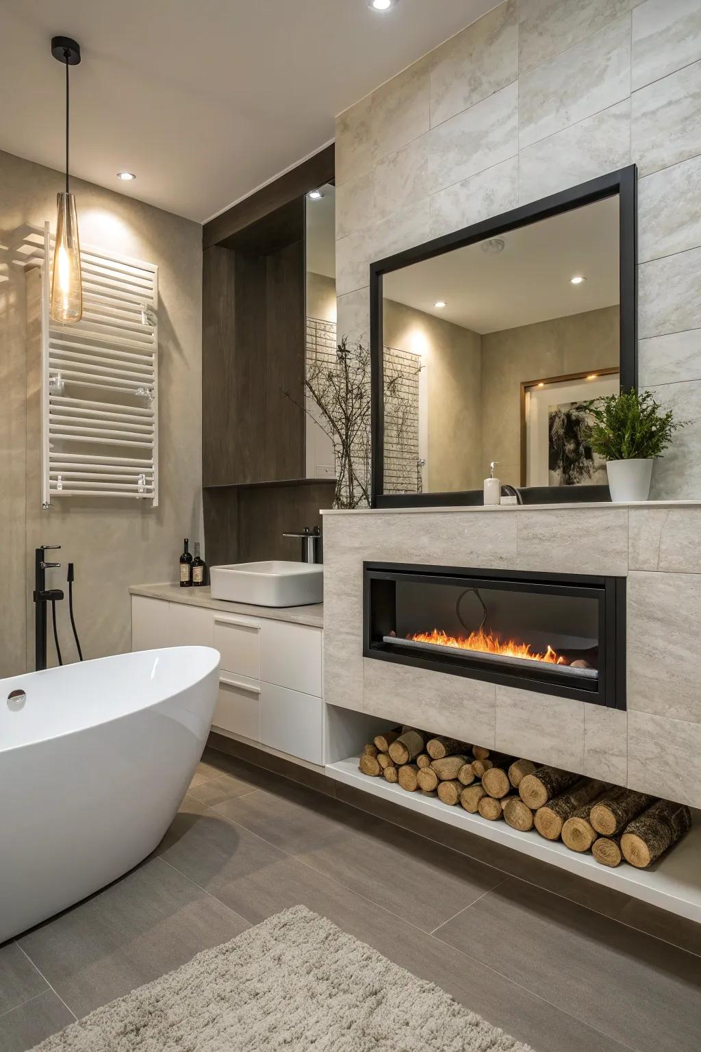A wall-secured hearth presenting streamlined opulence in a modernized washroom.