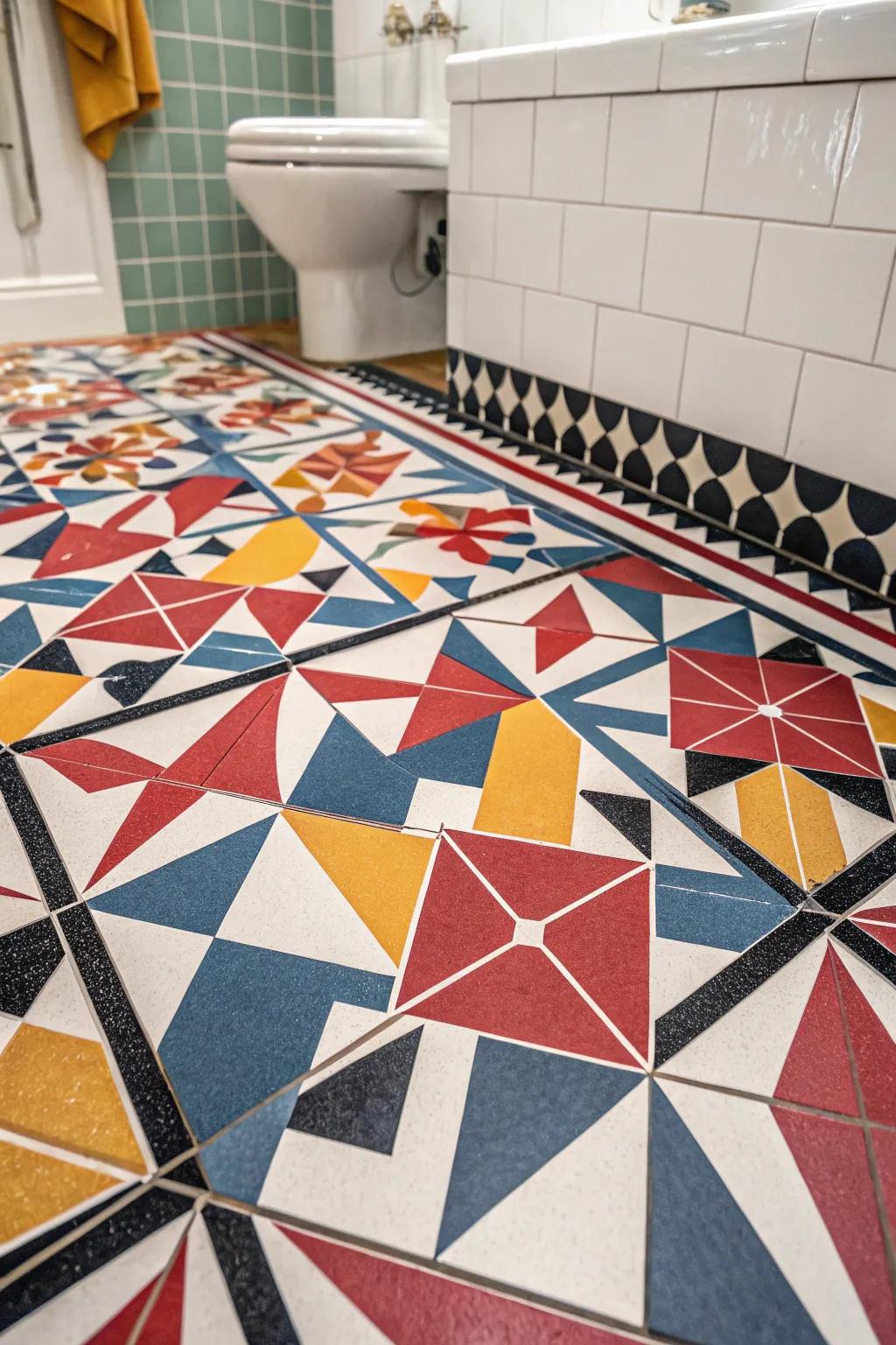 Geometric schemes add a vibrant element to your washroom floor.
